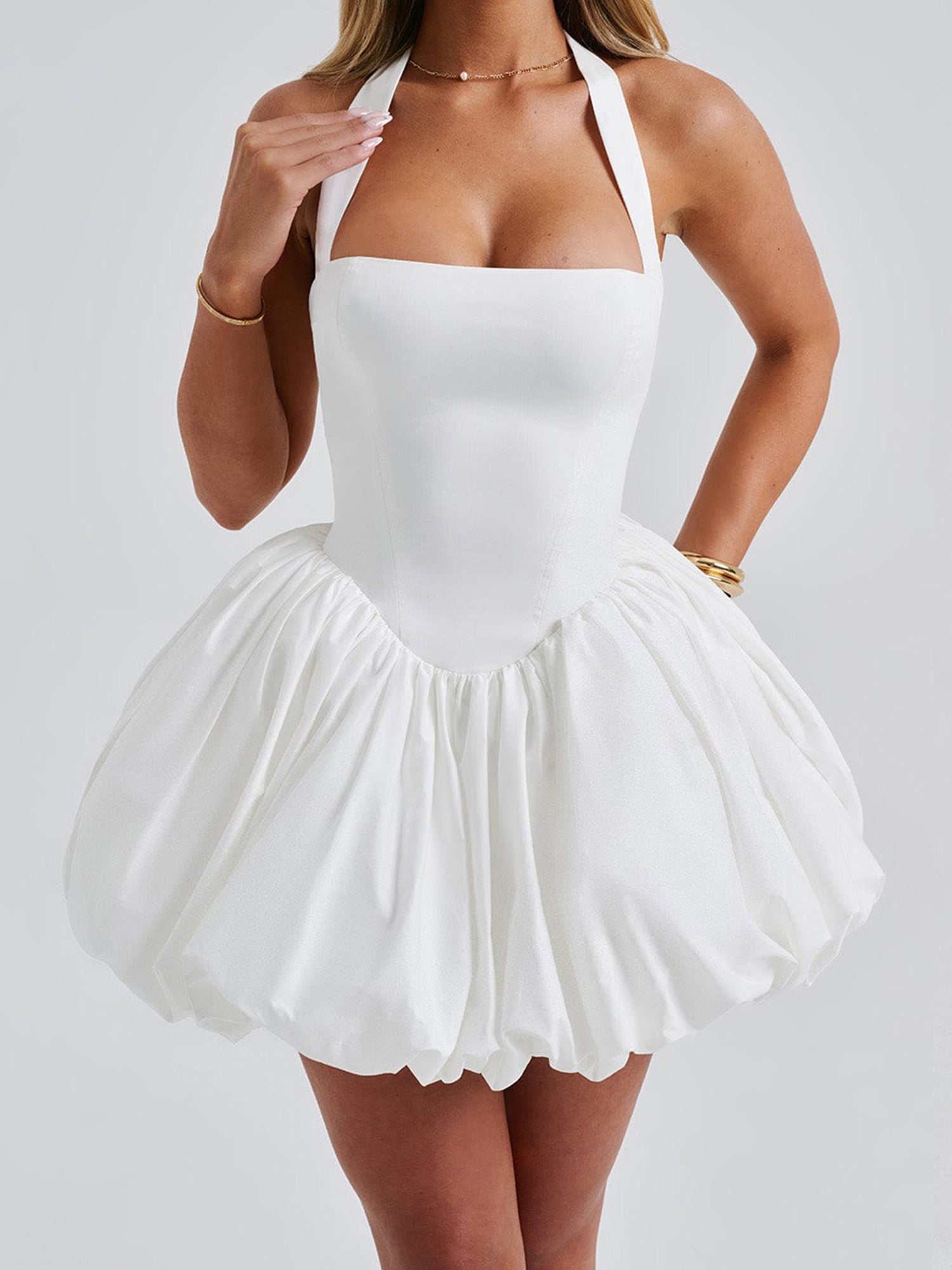 Women's Y2K Sleeveless Halter Backless Corset Dress with Adjustable Tie-Up Waist & Flared Bubble Skirt - Solid White Clubwear for Beach, Party, Streetwear - Machine Washable, Dresses for Beach